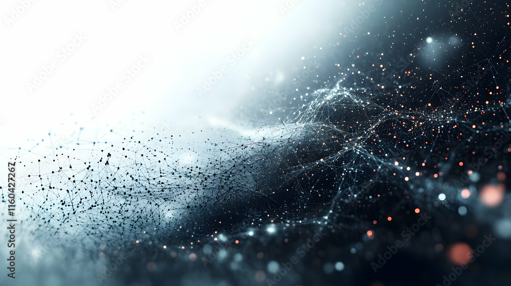 Poster abstract digital representation of interconnected particles and light.