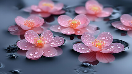 Realistic Photo Pink Flowers Water Drops Reflections Bloom Blossom