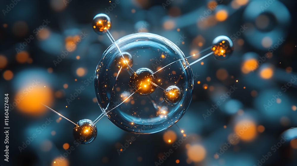 Poster abstract representation of molecular structures with glowing particles in a digital environment.