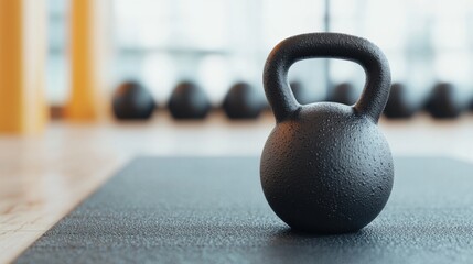 Black kettlebell resting on a mat in a bright gym, highlighting fitness and strength training essentials