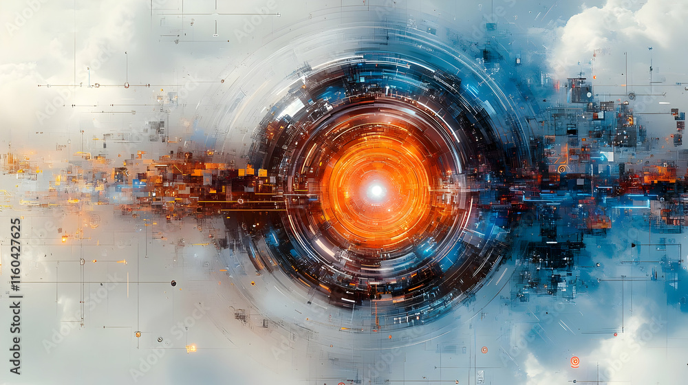 Poster abstract digital artwork featuring a glowing central orb surrounded by intricate patterns.