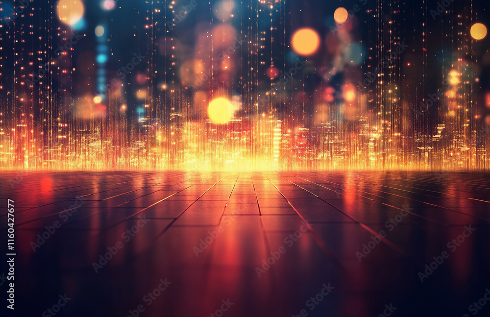 Poster 4-Abstract cityscape background featuring bokeh lights and glowing neon effects on a dark red gradient. Blurry digital city elements with pixel patterns create a vibrant, high-resolution design