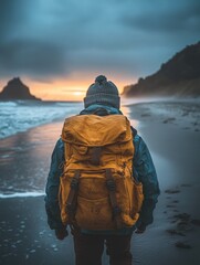A lone adventurer with a beanie and backpack walks on a dark beach during twilight, embraced by nature.