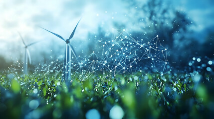 A serene landscape featuring wind turbines and digital elements symbolizing renewable energy.
