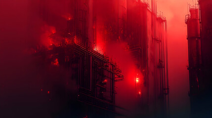 A dramatic scene of industrial buildings engulfed in red flames and smoke.