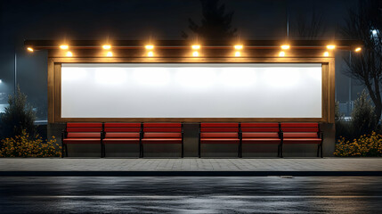 3D Illustration- Empty Billboard, Red Benches, Night Scene