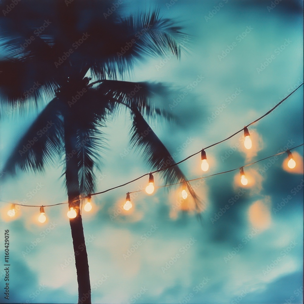 Poster silhouetted palm tree with string lights at dusk.