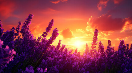 Illustration Lavender Field Sunset Landscape Nature Scenery