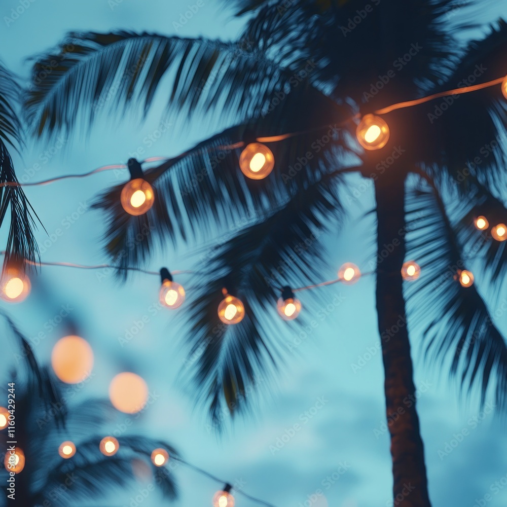 Poster warm string lights illuminate palm trees at dusk.