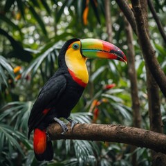 Obraz premium A toucan with a vivid beak in a tropical forest.