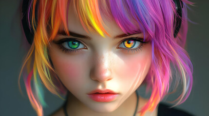 Illustration of Colorful Hair Girl with Green and Orange Eyes