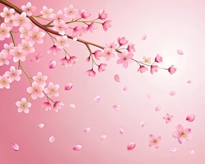 Beautiful cherry blossom branch on pink background. Cherry petals are falling.