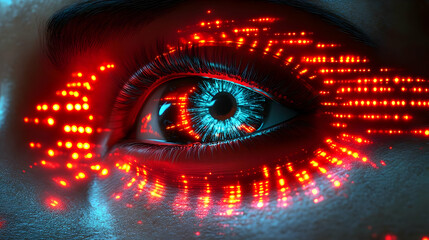3D Illustration - Eye, Red Lights, Blue, Iris, Pupil, Eyelashes, Digital Art