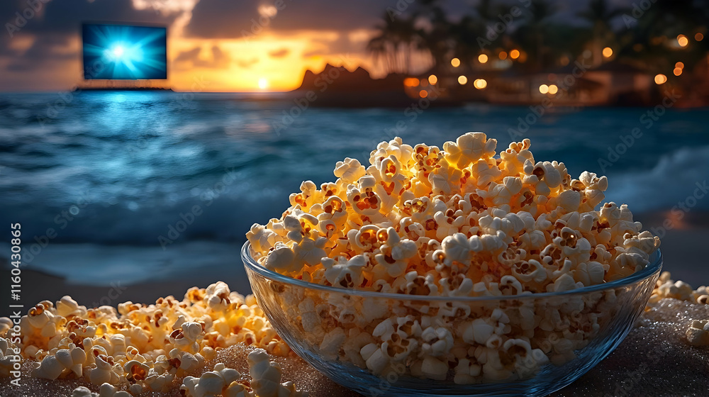 Wall mural Photo: Beach Popcorn Sunset Ocean Tropical Snack