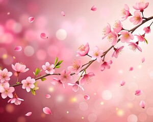 Beautiful cherry blossom branch on pink background. Cherry petals are falling.