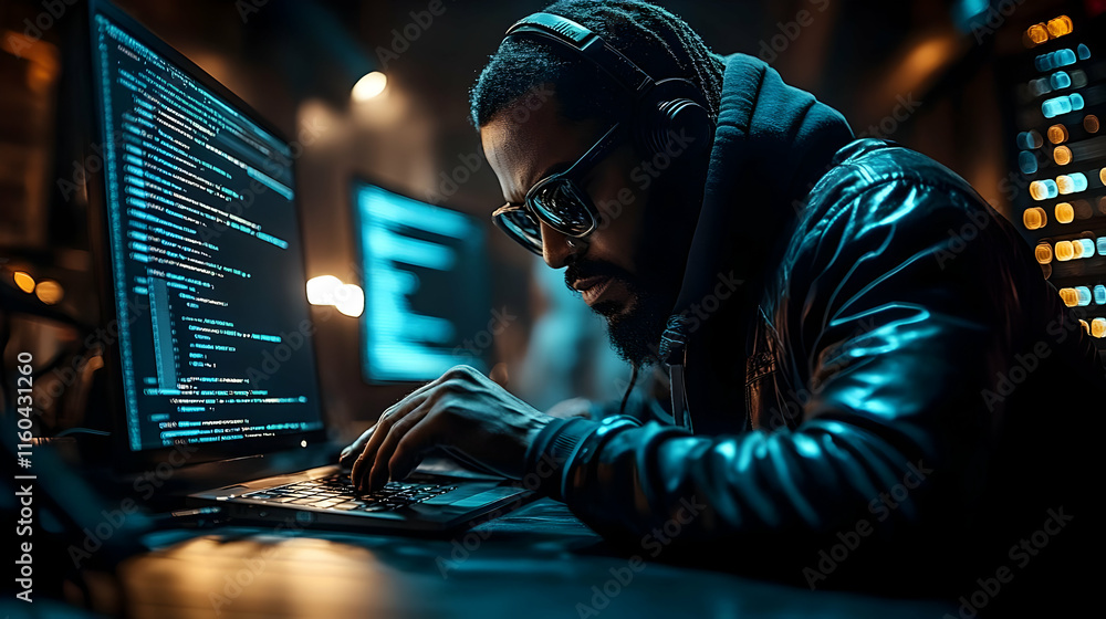 Poster photo programmer coding on laptop in dark room