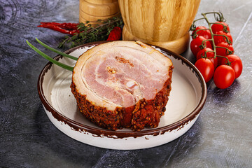 Tasty and fat smoked pork belly