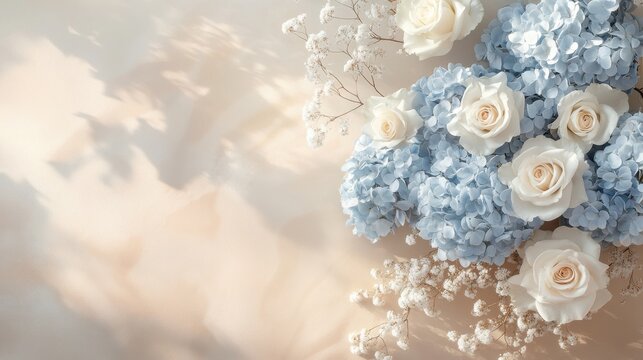 Blue hydrangeas and white roses on taupe background with natural light