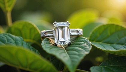 Elegant emerald cut diamond ring on lush green leaves, timeless romance