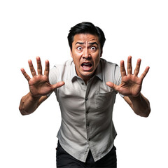 Scared Man Raising Hands in Fear Against a Black Background