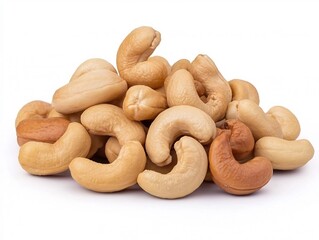 Close-up Photo: Deliciously Roasted Cashews Beautifully Arranged on White Background. AI Generated