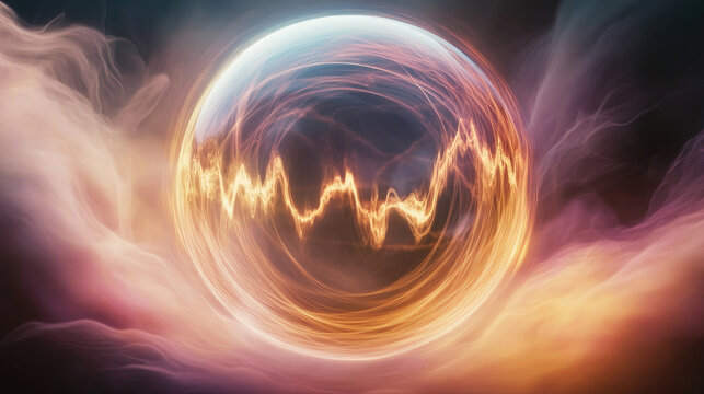 Chaotic sound waves blocked by a glowing silent bubble, symbolizing isolation and clarity from noise reduction.