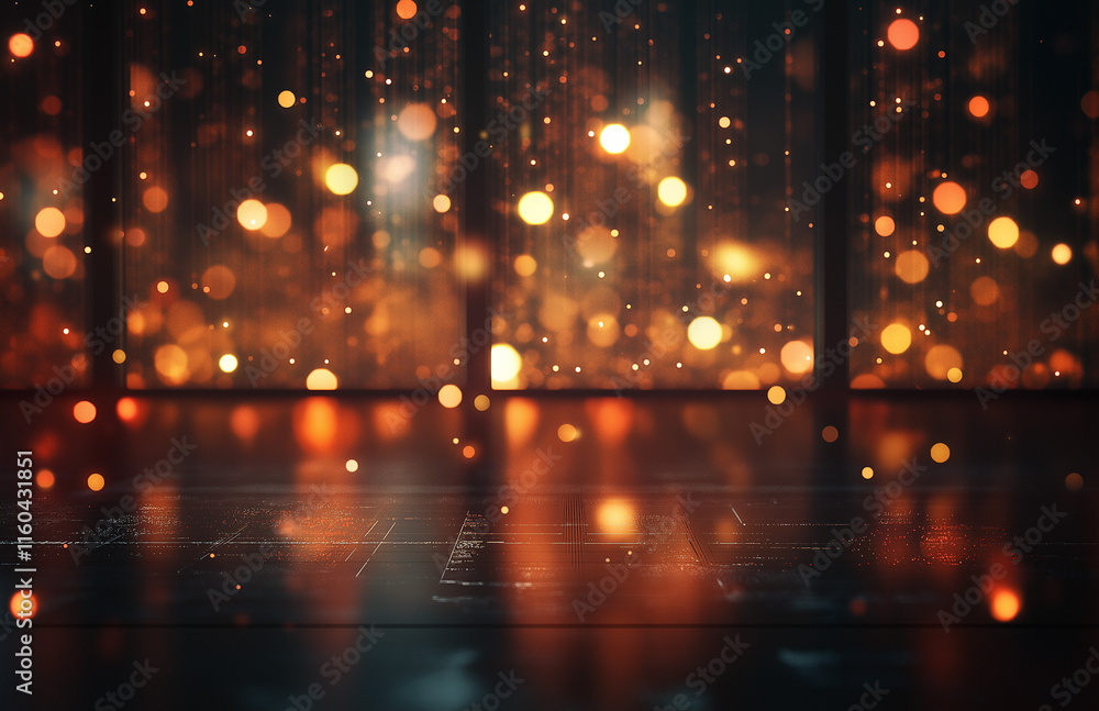 Poster 4-abstract cityscape background featuring bokeh lights and glowing neon effects on a dark red gradie