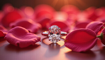 Luxurious engagement ring surrounded by rose petals, romantic elegance