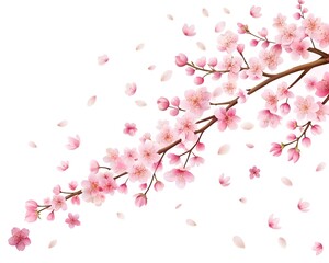Fototapeta premium Beautiful cherry blossom branch on white background Flat space for text. Cherry petals are falling.