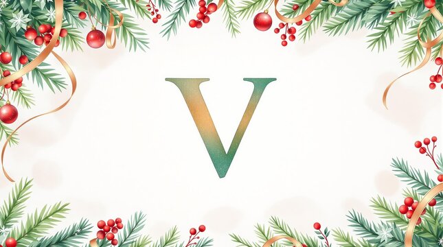 Elegant letter v with festive holiday garland featuring pine and berries