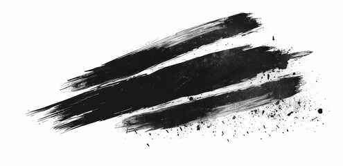 Three dark, textured paint strokes with splatters on white.