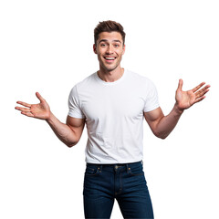 Fototapeta premium Cheerful Man in White T-Shirt and Jeans Expresses Excitement