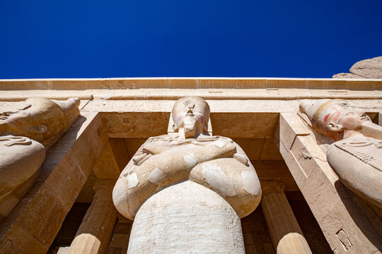 Osiris pillar in the mortuary temple of Hatshepsut in the necropolis Deir el-Bahari of Thebes, Egypt, Luxor