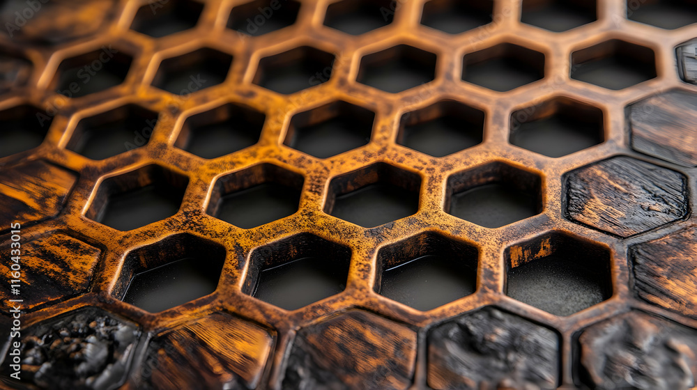 Poster a close-up of a hexagonal-patterned surface, showcasing texture and design.
