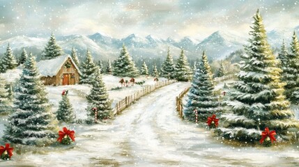 Serene Winter Wonderland with Snowy Landscape and Charming Cabin