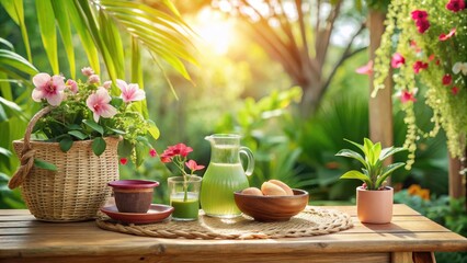 Fototapeta premium Serene Outdoor Table Setting with Refreshing Green Beverage and Delicate Floral Arrangements