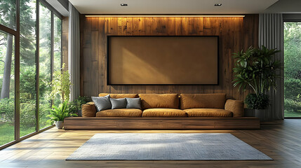 3D Illustration Interior Design Living Room, Sofa, Wood Panel, Rug, Plants, and Natural Light
