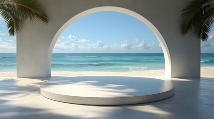 3D Illustration - Tropical Beach Podium Scene with Palm Trees, Ocean View, and Blue Sky