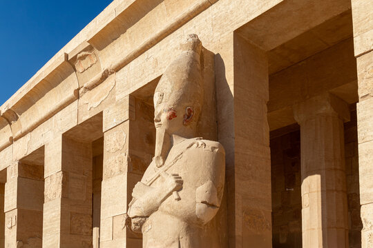 Osiris pillar in the mortuary temple of Hatshepsut in the necropolis Deir el-Bahari of Thebes, Egypt, Luxor