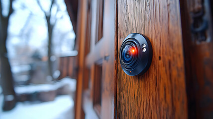 Photo, Security Camera on Wooden Door in Winter
