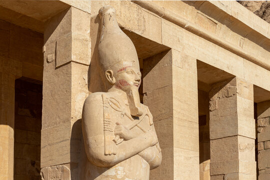 Osiris pillar in the mortuary temple of Hatshepsut in the necropolis Deir el-Bahari of Thebes, Egypt, Luxor
