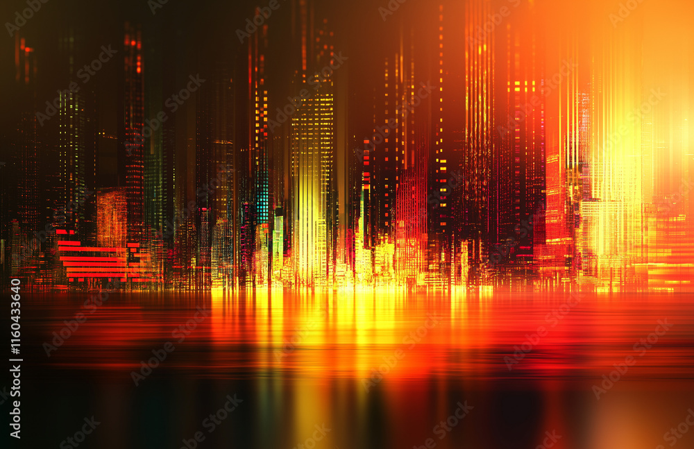 Poster 4-abstract cityscape background featuring bokeh lights and glowing neon effects on a dark red gradie