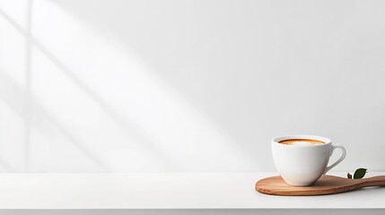 Obraz premium Close-up Photo: Creamy Coffee Rests Serene on Wooden Tray, Sunlight Streaming In. AI Generated