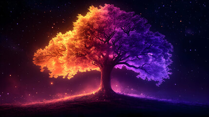 Illustration - Glowing Tree Fantasy Landscape Night Sky Stars