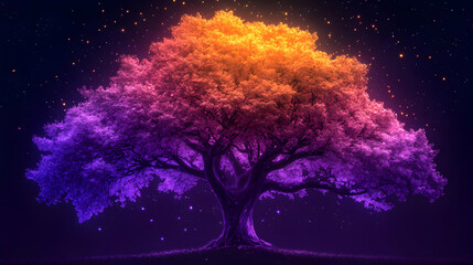 Illustration - Majestic Tree at Night, Stars, Orange and Purple Hues