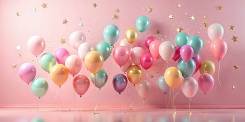 A delightful collection of pastel balloons floats against a soft pink backdrop, adorned with shimmering confetti stars, creating a festive and joyous atmosphere.