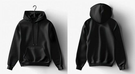Black hoodie, front and back view, on white.