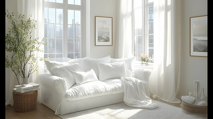 Illustration White Living Room Interior Design Cozy Sofa Sunlight Plants Decor Home