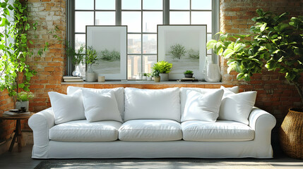 3D Illustration Cozy Living Room Interior Design White Sofa, Plants, Brick Wall