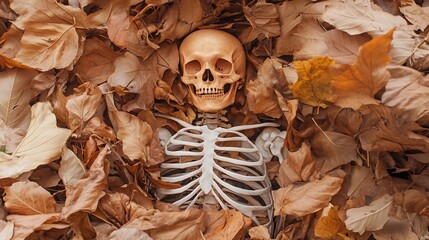 Close-Up Photo: Skeleton Resting Serenely Amidst Autumn Leaves. AI Generated